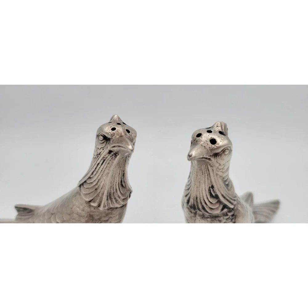 WB Mfg Co Pheasant Salt & Pepper Shaker Set Vtg MCM Bird Metal Silver 7.5in